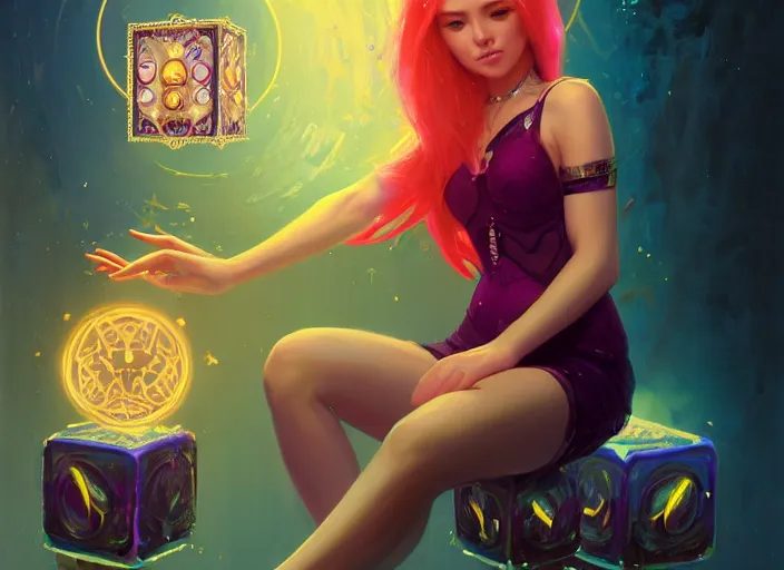 Image similar to wide view picture of a extremely beautiful and aesthetic girl, sitting on the throne, centred position, bright hair, floating greed cubes on the background, lighting eyes, magic circle on the hand, magic and fantasy, highly detailed cute face, specular reflection, occlusion shadow, intricate, masterpiece, by ilya kuvshinov and jeremy lipking and quentin mabille