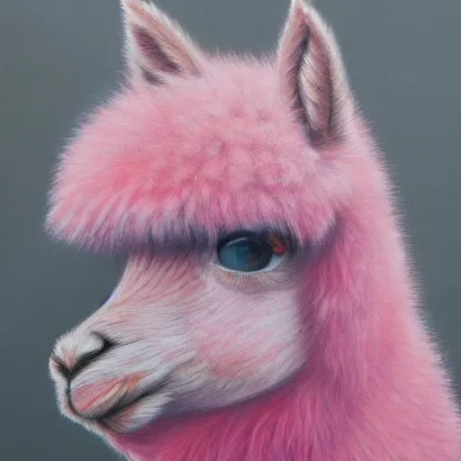 Image similar to detailed portrait painting of a pink alpaca wearing a suit, manga, trending on artstation, by Hayao Miyazaki, beautiful, colorful