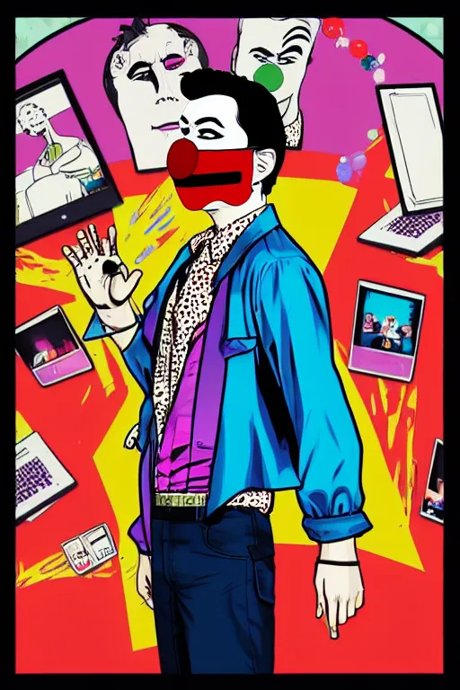 Prompt: display twitter guy wearing an blouses with clown mask. pop art, gta vice city art style, pixel art, face and body features details, ultra realistic details, digital art, concept art, casual art, sharp focus, illustration, intecrate details, elegant, confident posse, art by mark millar and richard hamilton and mimmo rottela