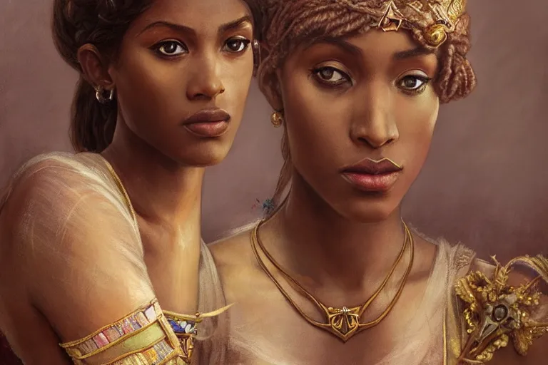 Prompt: portrait of Princess Zelda, brown skin, fantasy, intricate, elegant, dramatic lighting, emotionally evoking symbolic metaphor, highly detailed, lifelike, photorealistic, digital painting, artstation, concept art, smooth, sharp focus, illustration, art by John Collier and Albert Aublet and Krenz Cushart and Artem Demura and Alphonse Mucha