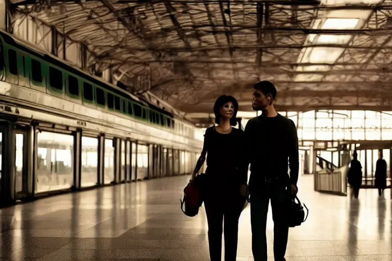 Image similar to vfx movie couple in a train station flat color profile low - key lighting cinematography atmospheric