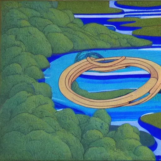 Image similar to a river scene. The river is represented by a line winding through the center of the land art. The banks of the river are represented by two lines, one on each side. Studio Ghibli by John Duncan saturated, improvisational