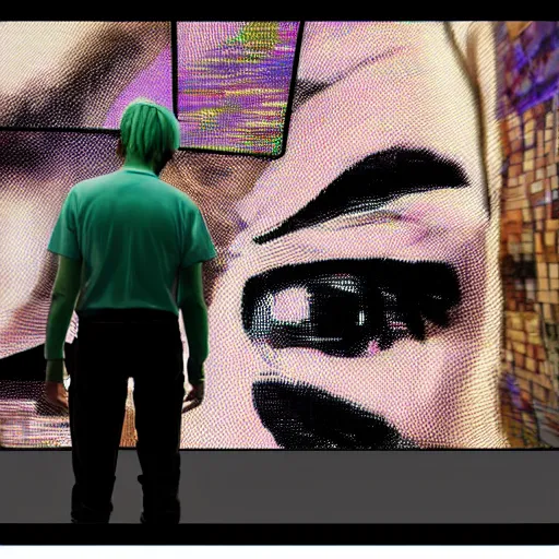 Prompt: art curator looking at a screen with a chat interface, recursive, in the style of grand chamaco and stanley kubrick, inspired by die antwoord, photorealistic, epic, super technical, cinematic still