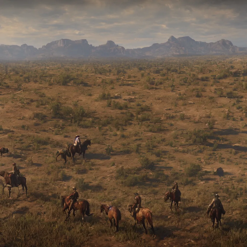 Image similar to Pre-rendered cutscene from Red Dead Redemption 2, wide open plains by greg rutkowski