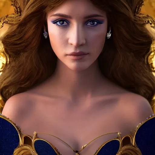 Image similar to a photographic portrait of an fantasy 30 years old princess, with a deep blue sapphire and gold small diadem, seductive look, warmer and softer colours, more tan face, lighter brown hair, open eyes, cinematic light, bokeh, by Danny Battista, canon 50mm, high aperture, artstation