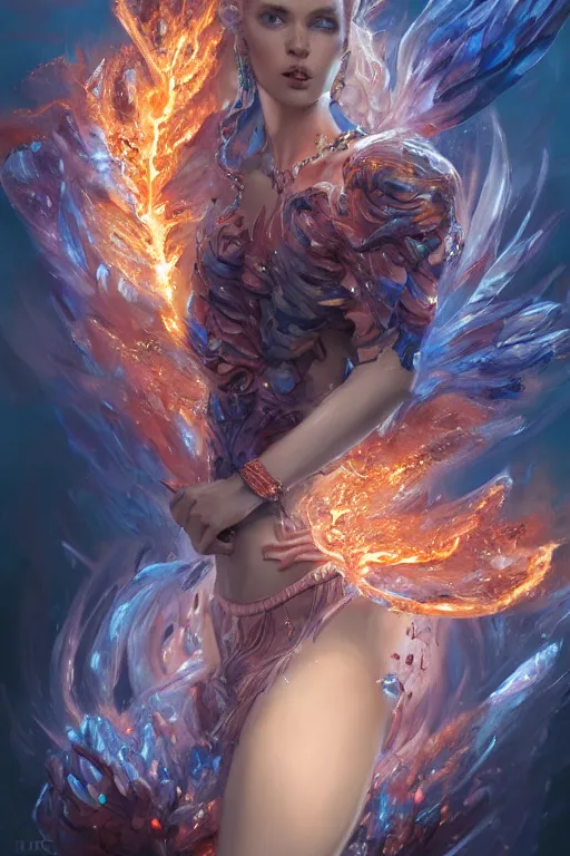 Prompt: torso closeup model wearing exploding fire crystal dress, jewels sorcerer, diamonds, angel, fantasy, dramatic lighting, highly detailed, digital painting, holding electricity, magic the gathering, hyper detailed, 3 d render, hyper realistic detailed portrait, peter mohrbacher, wlop, ruan jia