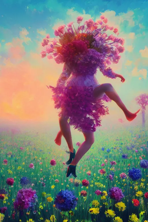 Prompt: closeup, giant flowers head, girl in suit jumping in field of flowers, surreal photography, sunrise, blue sky, dramatic light, impressionist painting, digital painting, artstation, simon stalenhag