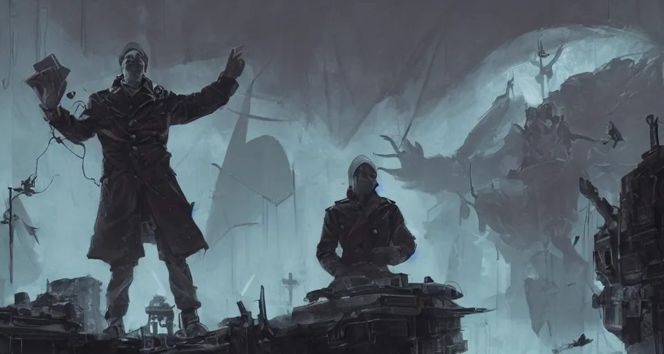 Image similar to soviet propagandist mid-speech, audience, darkness, evil, magic the gathering artwork, D&D, fantasy, cinematic lighting, centered, symmetrical, highly detailed, digital painting, artstation, concept art, smooth, sharp focus, illustration, volumetric lighting, epic Composition, 8k, art by Akihiko Yoshida and Greg Rutkowski and Craig Mullins, oil painting, cgsociety