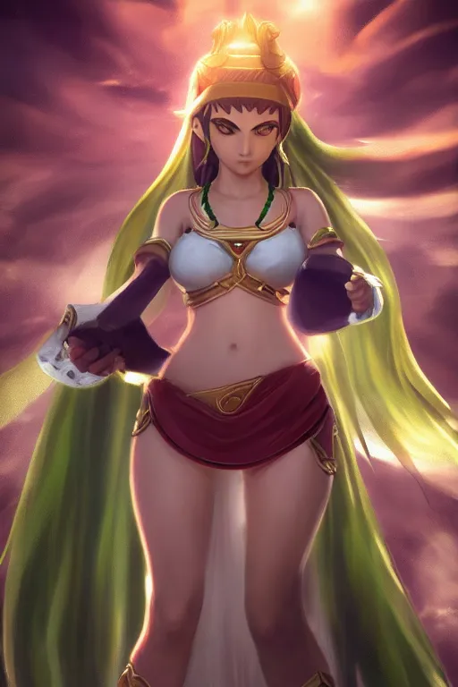 Prompt: portrait, head and torso only, palutena in a victorious stance, trending on artstation, concept art, movie poster, fine detail, unreal engine, masterpiece, 4 k, hd