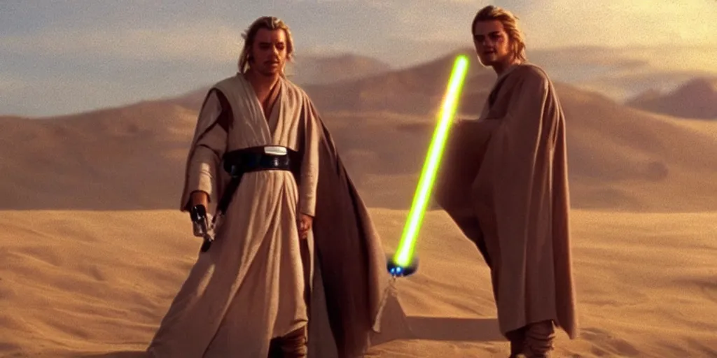 Prompt: !dream A full color still of a teenage blonde Jedi padawan holding the HILT of a lightsaber, looking scared, at golden hour!, from The Phantom Menace, directed by Steven Spielberg, 35mm!!! 1990