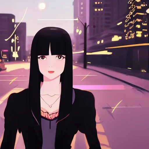 Image similar to a portrait of a beautiful girl with long straight black hair and bangs, wearing 1940's fashion, she has dark brown eyes and pale skin, she is facing towards the camera, city at nightime background, low-key neon lighting, 4k, HQ, official media, anime key visual, makoto shinkai and ilya kuvshinov, detailed, trending on artstation