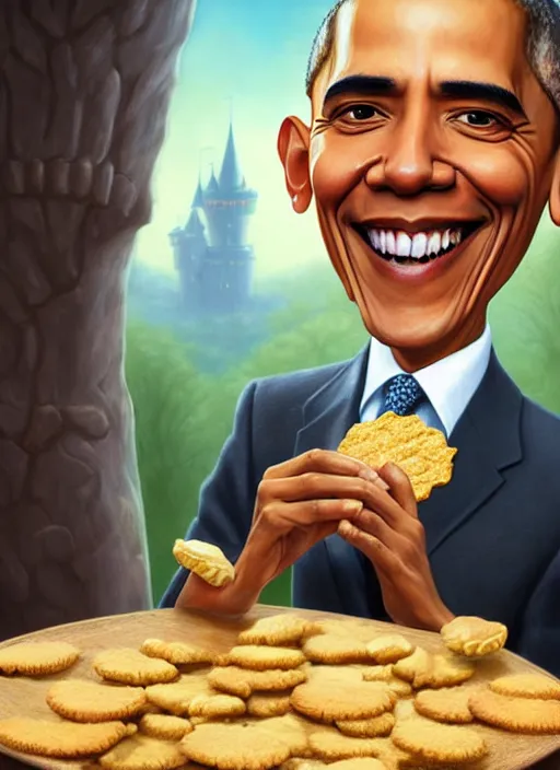 Image similar to highly detailed closeup portrait of obama as a fairytale medieval prince eating cookies, unreal engine, nicoletta ceccoli, mark ryden, lostfish, earl norem, global illumination, god rays, detailed and intricate environment