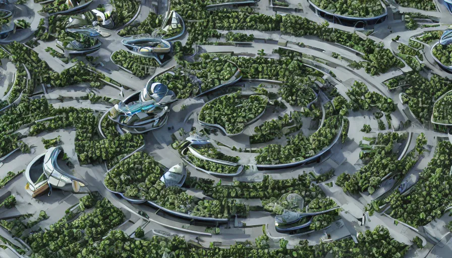 Prompt: futuristic ecological city with huge roundabouts, trees, crowded city, highways, hyperdetailed, artstation, cgsociety, 8 k