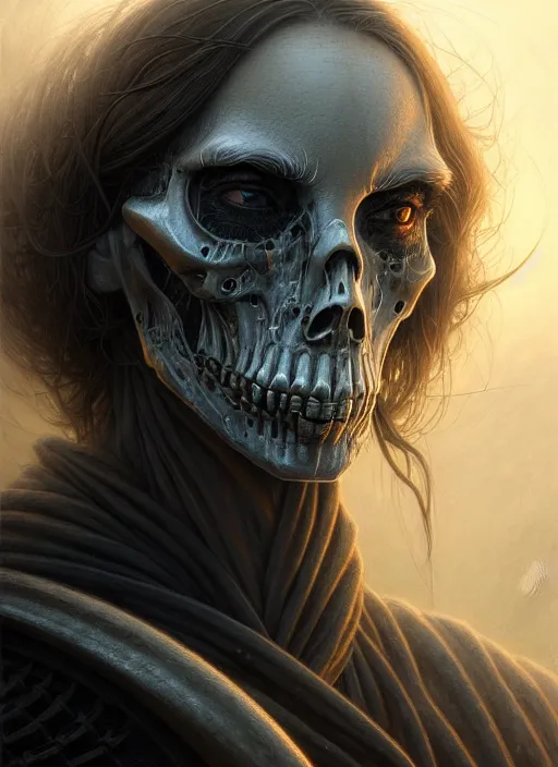 Prompt: closeup portrait shot of a grim reaper in a scenic dystopian environment, intricate, elegant, highly detailed, centered, digital painting, artstation, concept art, smooth, sharp focus, illustration, artgerm, tomasz alen kopera, peter mohrbacher, donato giancola, joseph christian leyendecker, wlop, boris vallejo