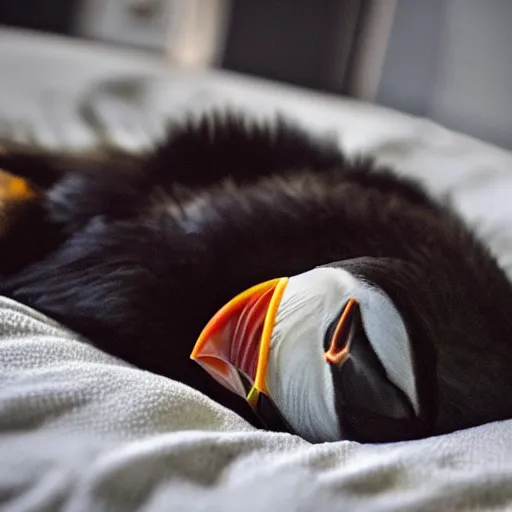 Image similar to puffin sleeping in an oversized bed