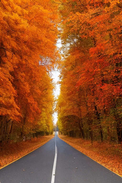 Prompt: photograph of a country road lined on both sides by maple and poplar trees, in the autumn, red orange and yellow leaves, some leaves have fallen and are under the trees and on the road