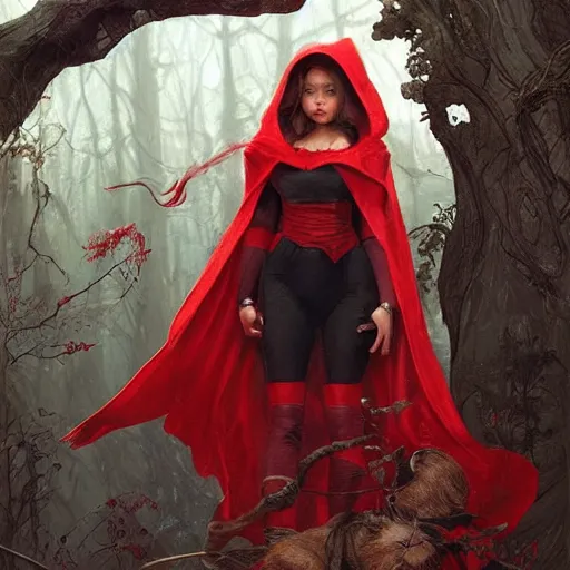 Image similar to Beautiful Portrait of Little Red Riding Hood with a black panther, intricate, wild, highly detailed, digital painting, artstation, concept art, smooth, sharp focus, illustration, art by artgerm and greg rutkowski and alphonse mucha, footage from space camera