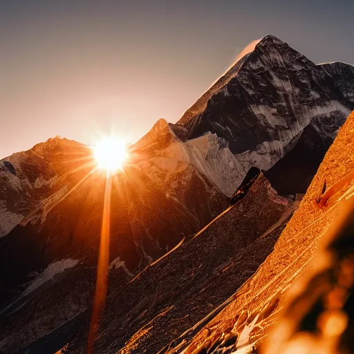 Image similar to hand from adams family climbing everest during golden hour.