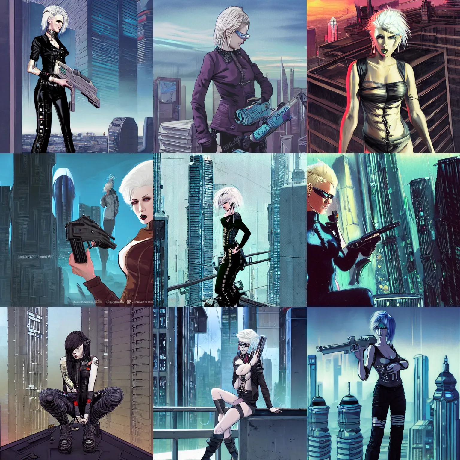 Prompt: oil painting of a woman in a punk outfit, with short bobbed white hair, grey eyes, pale skin, sitting on a skyscraper rooftop, overlooking a cyberpunk city. Holding two tek-9 SMGs. The woman is sad. Concept art. Sci-Fi setting. Album cover. In the style of Moebius. In the style of Aeon Flux.