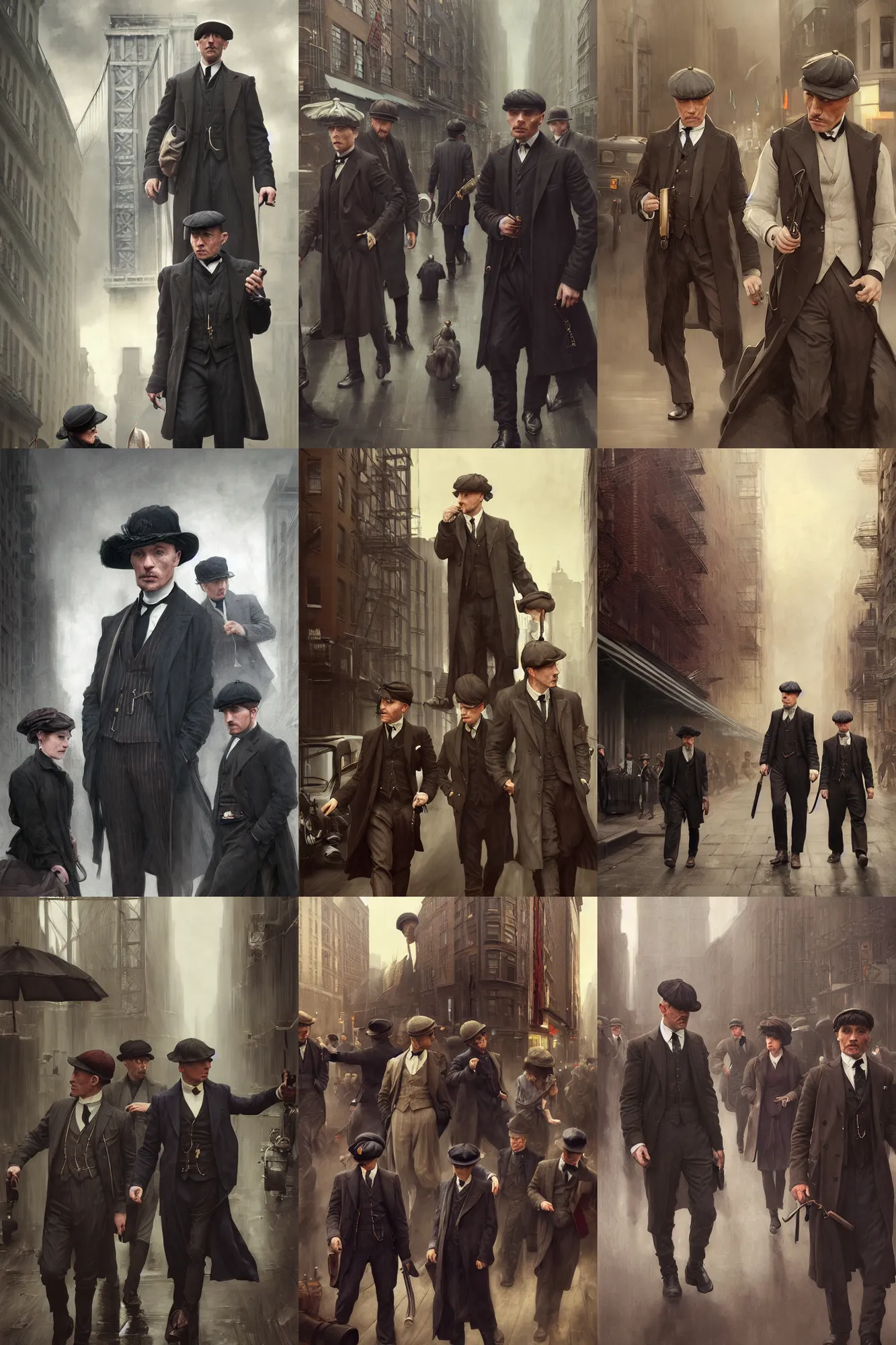 Prompt: depiction of The peaky blinders In New York City During the 21st century illustration by Ruan Jia and Mandy Jurgens and William-Adolphe Bouguereau, Artgerm, 4k, digital art, surreal, space dandy style, highly detailed, godsend, artstation, digital painting, concept art, smooth, sharp focus, illustration by Ruan Jia and Mandy Jurgens and William-Adolphe Bouguereau