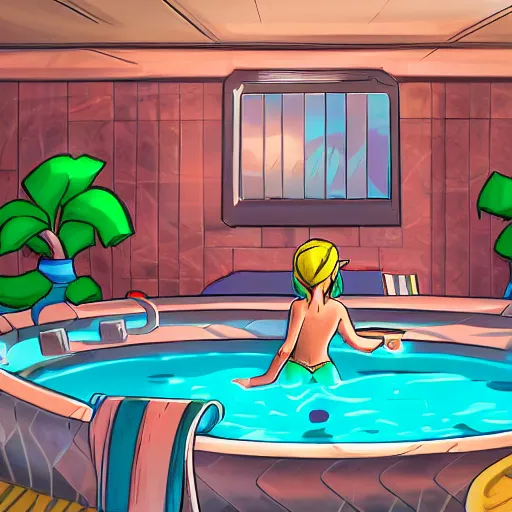 Image similar to zelda in the future city taking a bath in the swimming pool of a hotel