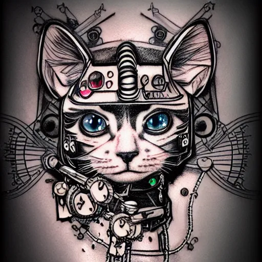 Image similar to trash polka tattoo sketch 2 d cartoon cybernetic kitten and evil unicorn robot, pencil drawing, clear lines, fractals, hard style, elaborate details, black and red, steampunk, background white paper, 4 k, ultra detailed
