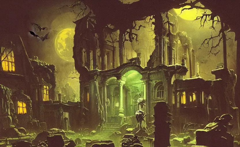 Image similar to halloween scene of a haunted mansion surrounded by ancient monoliths with glowing ghosts. highly detailed science fiction painting by norman rockwell, frank frazetta, and syd mead. rich colors, high contrast, gloomy atmosphere, dark background. trending on artstation