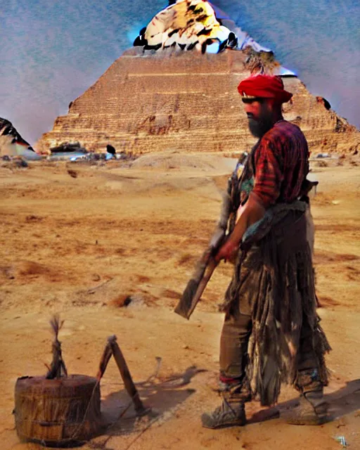 Image similar to detailed painting of an american lumberjack in front of the gizeh pyramids of egypt, greg rutkowski, magali villeneuve and monet