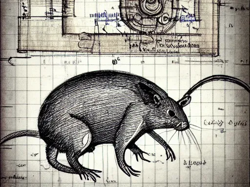 Prompt: highly detailed blueprint, technical drawing of a rat, schematic, pencil, sepia, old paper, art by da vinci