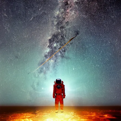 Image similar to astronaut amongst a falling flaming meteor shower and the stars