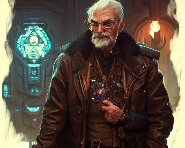 Prompt: old man with cyberpunk leather jacket, deep focus, d & d, fantasy, intricate, elegant, highly detailed, digital painting, artstation, concept art, matte, sharp focus, illustration, hearthstone, art by artgerm and greg rutkowski and alphonse mucha