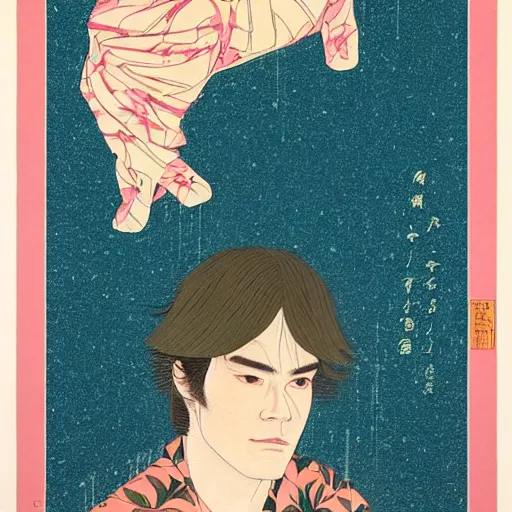 Prompt: michael c hall portrait by ikenaga yasunari and ayana otake and ko rakusui, 6 0 s poster, drawing, realistic, sharp focus, japanese, dreamy, nostalgia, faded, golden hues, floral clothes