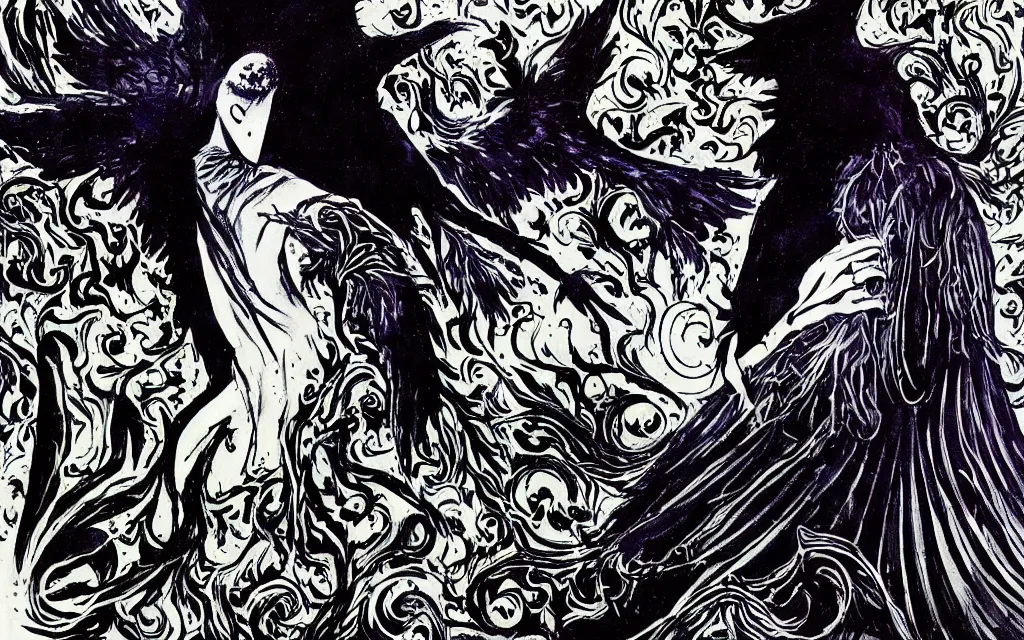 Image similar to the sandman graphic novel by neil gaiman, with his raven, gothic style, magic dream dust, master of the dreaming realm, morpheus