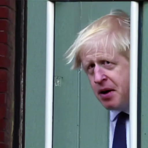 Image similar to Birds eye view security camera footage of Boris johnson breaking out of Prison