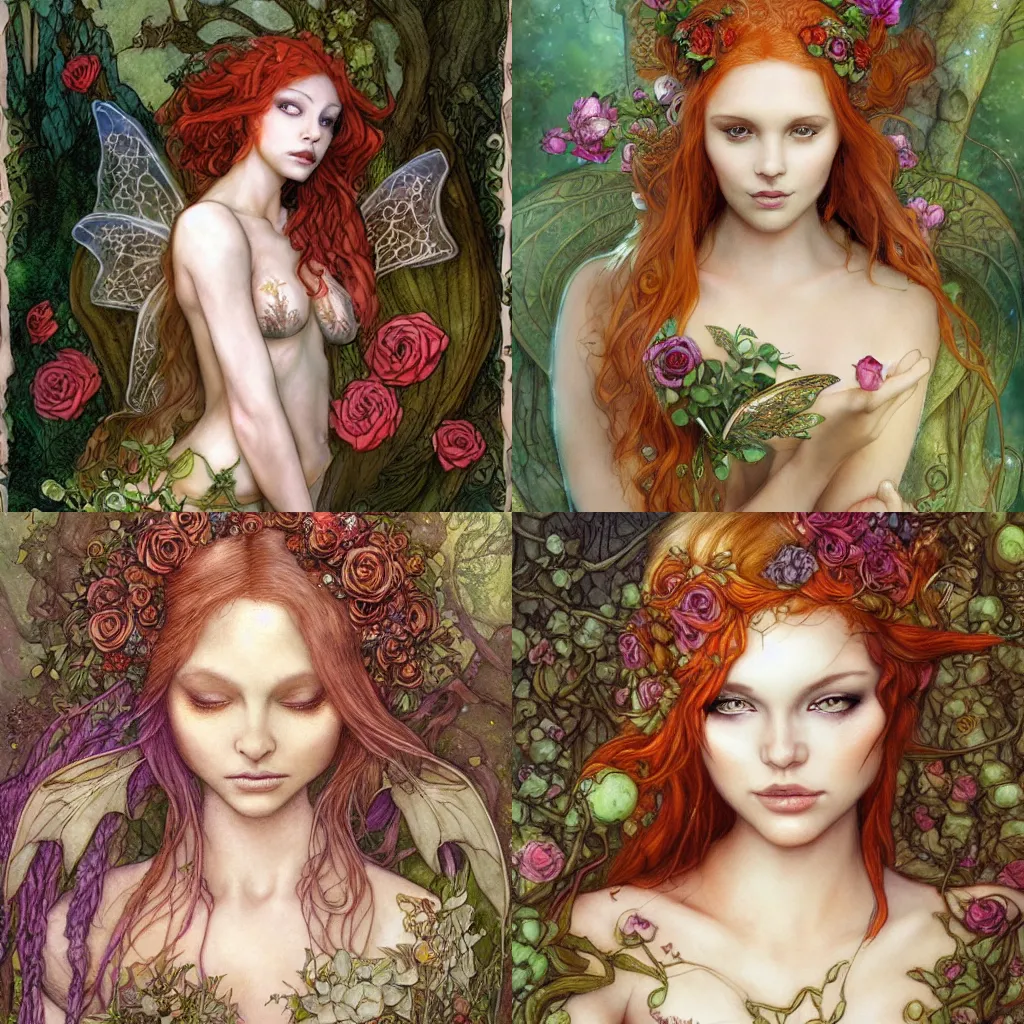 Prompt: beautiful faeriecore chubby redhead female faerie, exotic fey features, intricate, tanned skin, art by brian froud and rebecca guay, braided hair with roses, magical forest, stunning, highly detailed, digital painting, artstation, concept art, smooth, sharp, focus, illustration-H 600