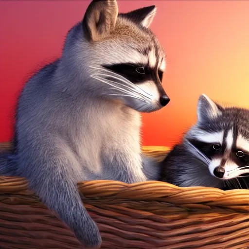 Image similar to a beautiful and realistic picture of a cat and a raccoon cuddling in a basket with a red sunset behind, photo realistic 4K, shot with a 35mm, very detailled, trending on Artstation