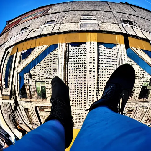 Image similar to sole of a boot about to step down, worms view, looking up, times square, sun spot, fisheye, hyperrealistic