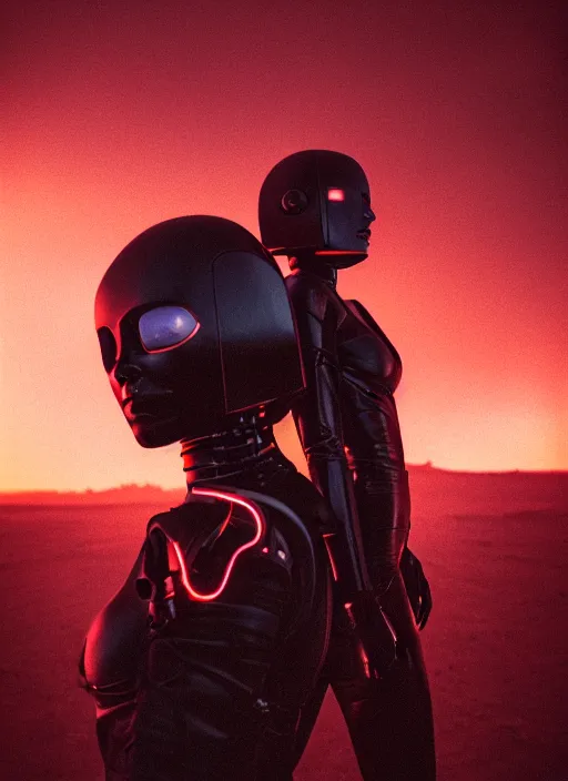 Prompt: cinestill 5 0 d photographic portrait of two loving female androids wearing rugged black techwear on a desolate plain with a red sky in front of a brutalist structure, extreme closeup, cyberpunk style, dust storm, 8 k, hd, high resolution, 3 5 mm, f / 3 2, ultra realistic faces, ex machina