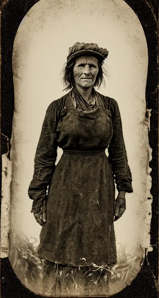 Image similar to a highly detailed digital collodion photograph, a portrait of a female farmer