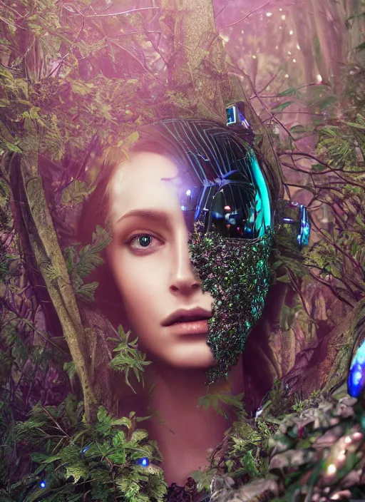 Prompt: beautiful female robot covered by plants and crystals in the mystical forest, beautiful symmetrical face, full body, immersed in the tree, chrome parts, opal crystals, renaissance style, cyber punk, sci - fi, baroque, cinematic light, mystical shadows, 8 k, octane render