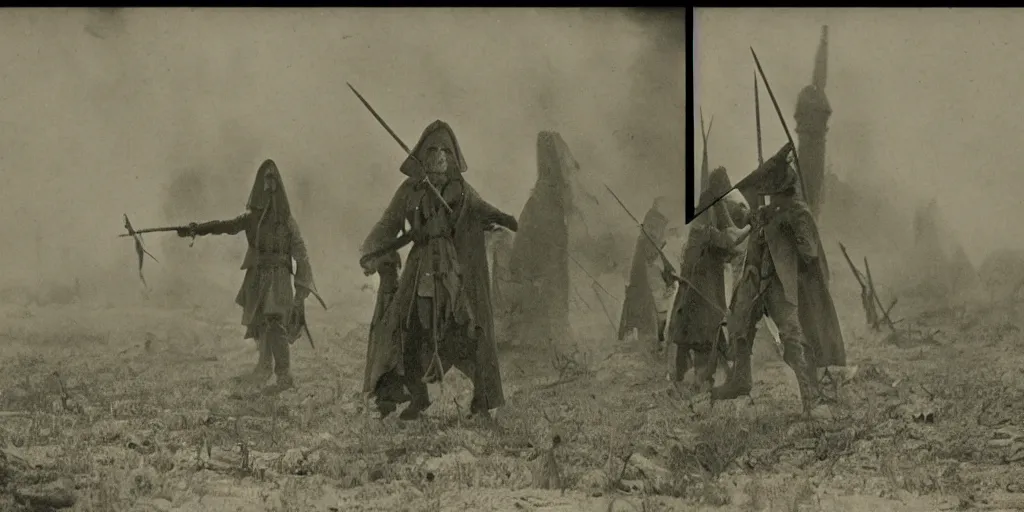 Image similar to scary unproportionable tall ghost creature in the middle of a battlefield, 1900s picture