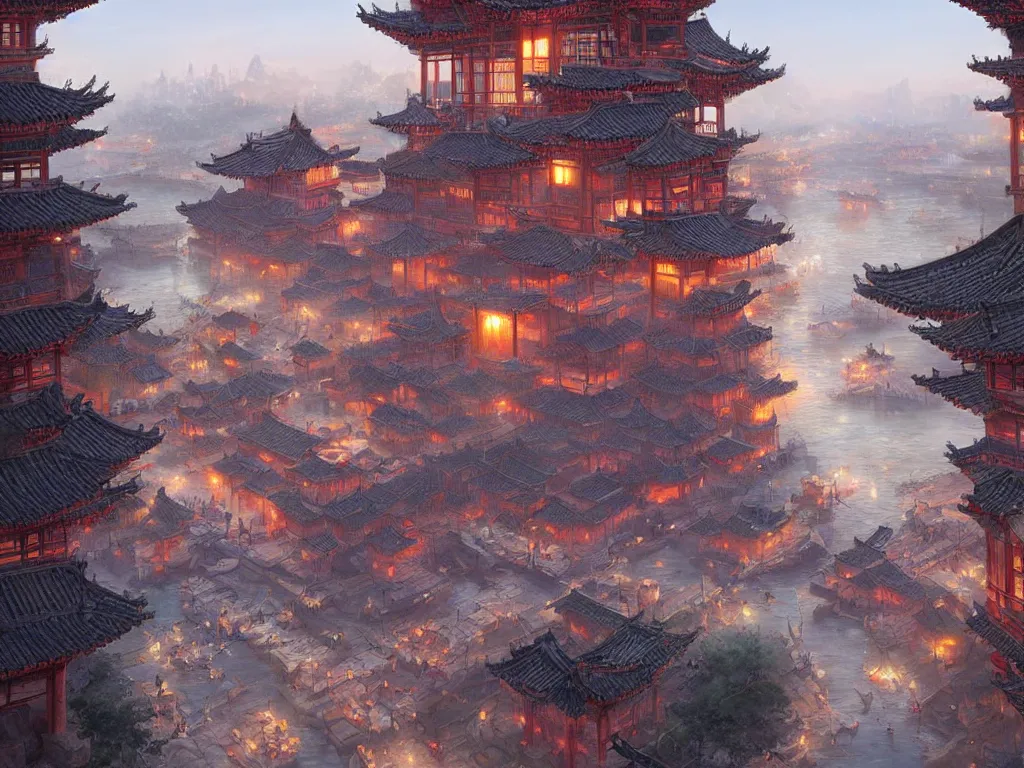 Image similar to ancient chinese city viewed from harbor, d & d digital painting, ultra realistic, beautiful, volumetric lighting, warm colors advance, cell shading, by james jean, greg rutkowski, yoann lossell, raphael lacoste