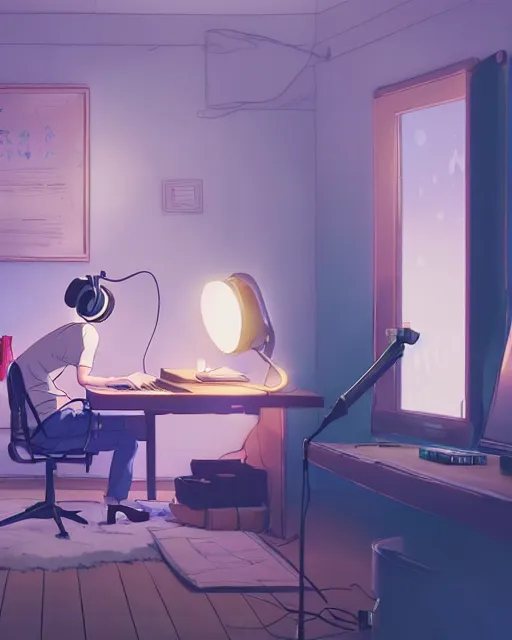 Prompt: producer making music late at night at his home studio with headphones, detailed, cory loftis, james gilleard, atey ghailan, makoto shinkai, goro fujita, studio ghibli, rim light, exquisite lighting, clear focus, very coherent, plain background, soft painting