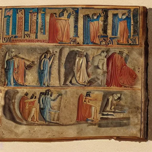 Image similar to ancient greek manuscript with pictures of cars