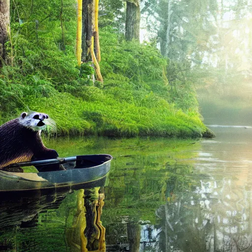 Image similar to otter fisherman, even light, forest river, morning forest