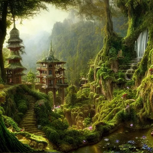 Image similar to a beautiful and highly detailed matte painting of an dwarf garden palace in a breath taking forest in a deep valley in the beautiful mountains of avalon, intricate details, epic scale, insanely complex, 8 k, sharp focus, hyperrealism, very realistic, by caspar friedrich, albert bierstadt, james gurney, brian froud,