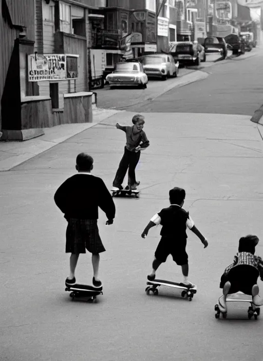 Image similar to 1 9 5 0 s kids skateboarding in the street by vivian maier. professional photography.