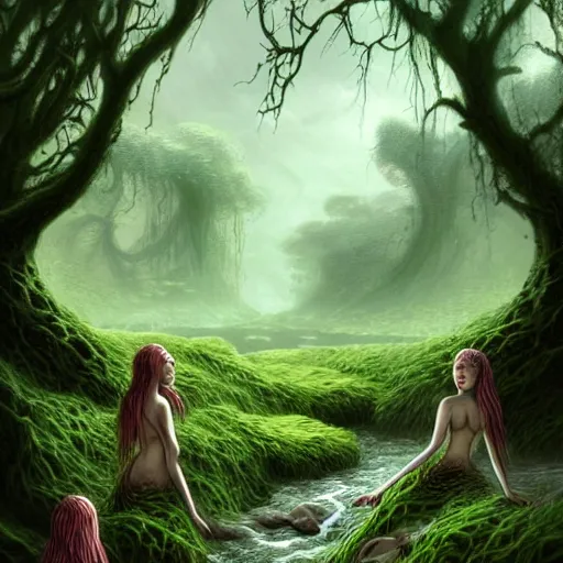 Image similar to beautiful digital fantasy illustration of A woody green field with a stream running through it, with a group of dryad women standing in the water. They seem to be preparing to submerge themselves in the cool, clear waters of the stream. a creepy creature standing in front of a mirror!, concept art by Alex Horley-Orlandelli!!, cgsociety contest winner!!!, gothic art,!!!!, cgsociety, official art, fantasy art, #vfxfriday, highly detailed, dynamic pose!!!!!, soft lighting, rendered in octane, masterpiece, very very very aesthetic