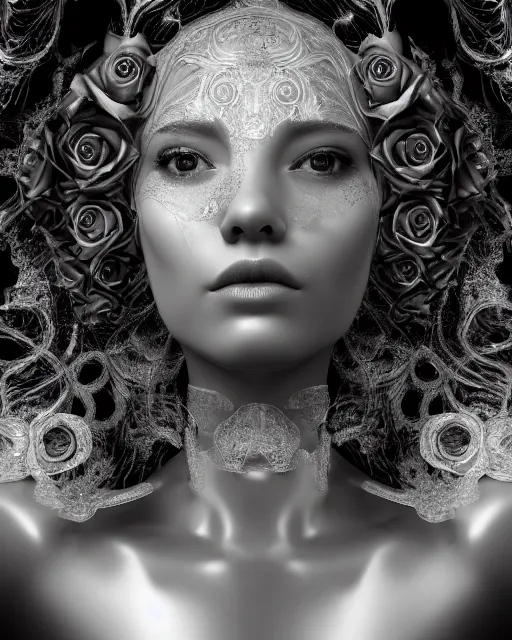 Image similar to mythical dreamy black and white profile face portrait of translucent beautiful female angelic - human - queen - vegetal - cyborg, highly detailed, intricate crystal ivy jelly ornate, poetic, translucent roses ornate, 3 d render, digital art, octane render, 8 k artistic photography, photo - realistic, by dora maar