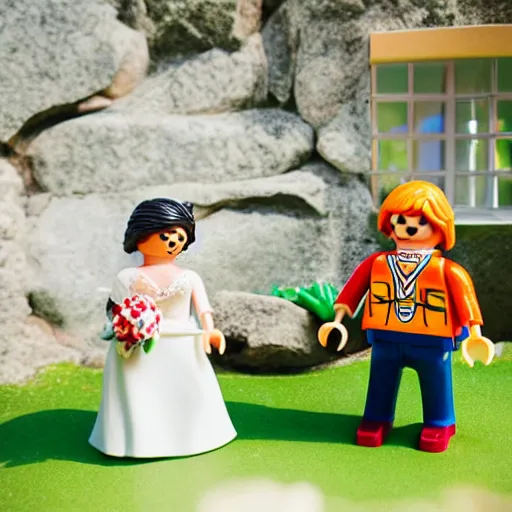 Prompt: A playmobil figurine bride and a lego figurine groom in a wedding ceremony.